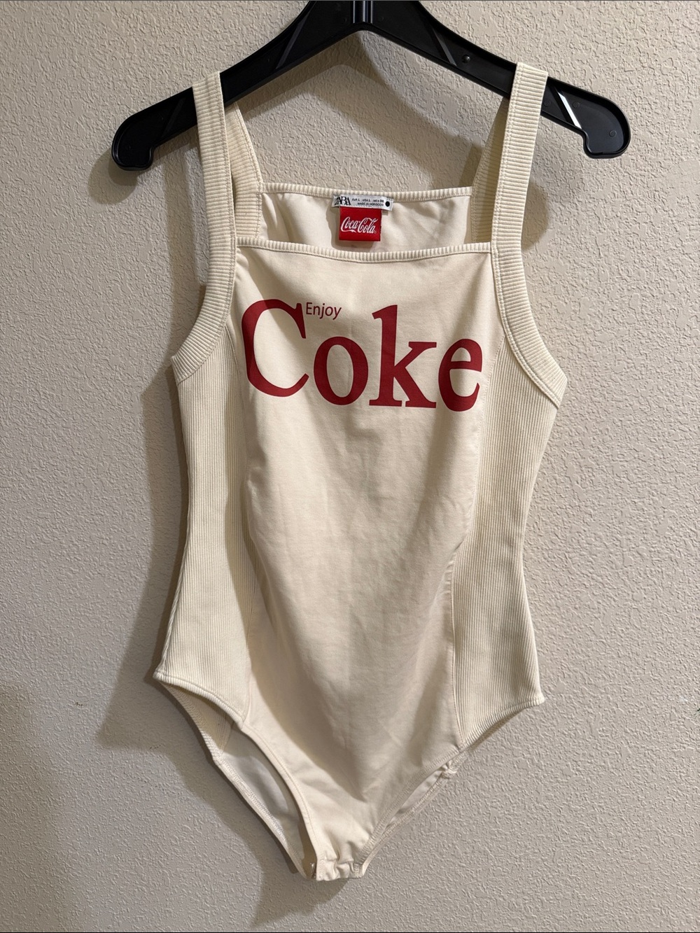 Coca Cola Cream Tank-Style Women’s Bodysuit with Red 'Coke' Print Sz L